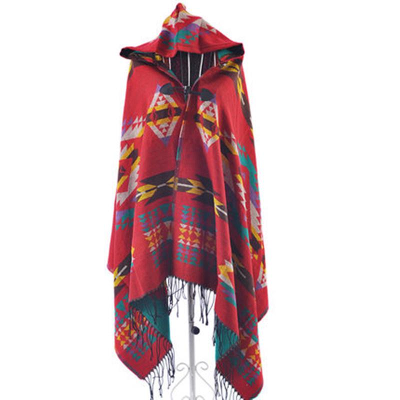 Bohemian Ethnic Toggle Hooded Cape Shawl - Thick Warm Imitation Cashmere for Women
