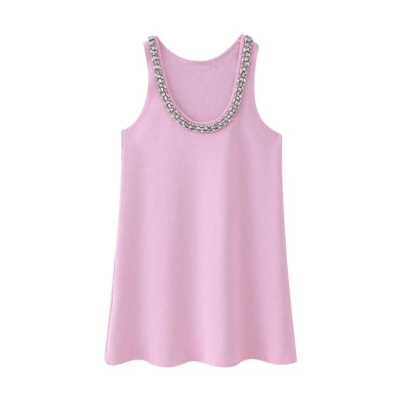 Fashion Style 2024 Summer New Arrival Women's Round Neck Sleeveless Jewelry Inlaid Plain Stitch Mini Dress 5755025