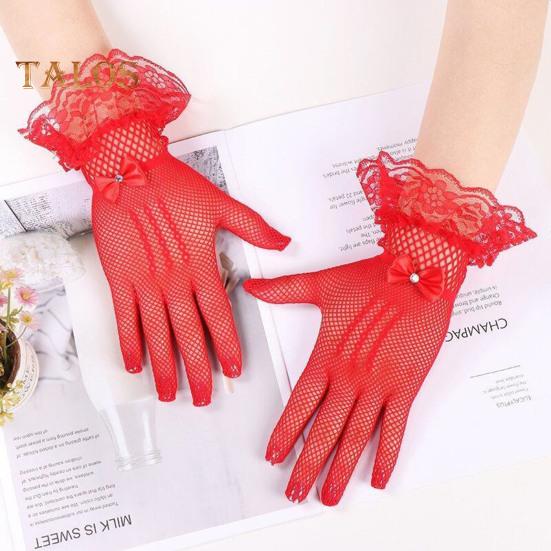 1 par ballhansker for kvinner Gjennomsiktig blonderbue Faux Pearl Dekor Hollow Out Fishnet volangkant Tynn Helfinger Forestillinger Brude Bryllupshansker