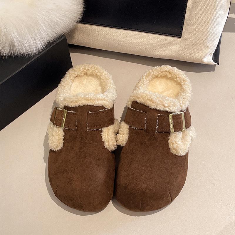 

Шлепанцы с толстой подошвой и внутренней высотой, женские осенне-зимние 2025, новые, на одном педале, с напуском, утолщенные, пушистые хлопковые шлепанцы 40 темно-коричневого