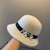 Autumn and Winter Women's Bucket Hat Middle-aged and Elderly Fashion Woolen Material Basin Hat, Fashion Pearl Small Round Hat Flat Brim