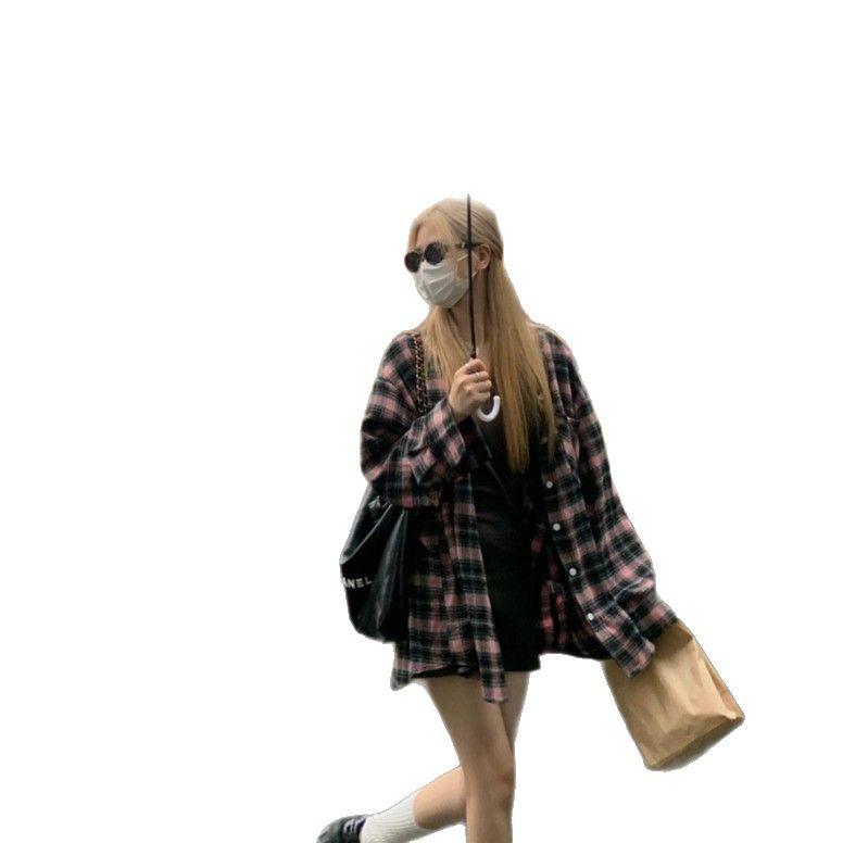 Women's Retro Black and Pink Plaid Shirt - Casual Loose Fit Long Sleeve Jacket, 2024 Spring/Autumn Collection