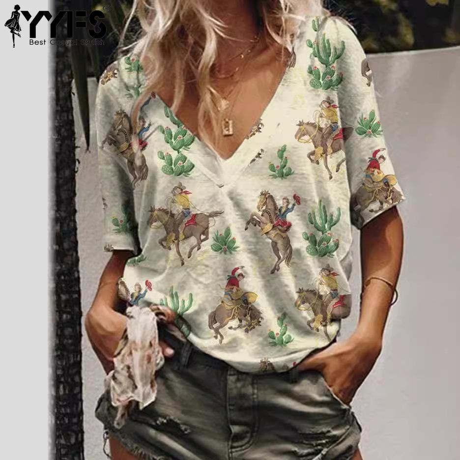 

YYFS Женская мода повседневная летняя весна ковбойский принт с коротким рукавом и V-образным вырезом блузки и рубашки S красный