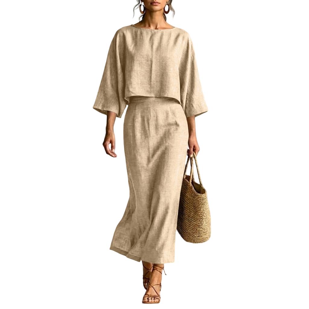 Damen Pullover Top mit lockerem Schnitt, Dreiviertelärm und High-Waist Langrock Set Lässiges Zweiteiler Outfit für den täglichen Gebrauch