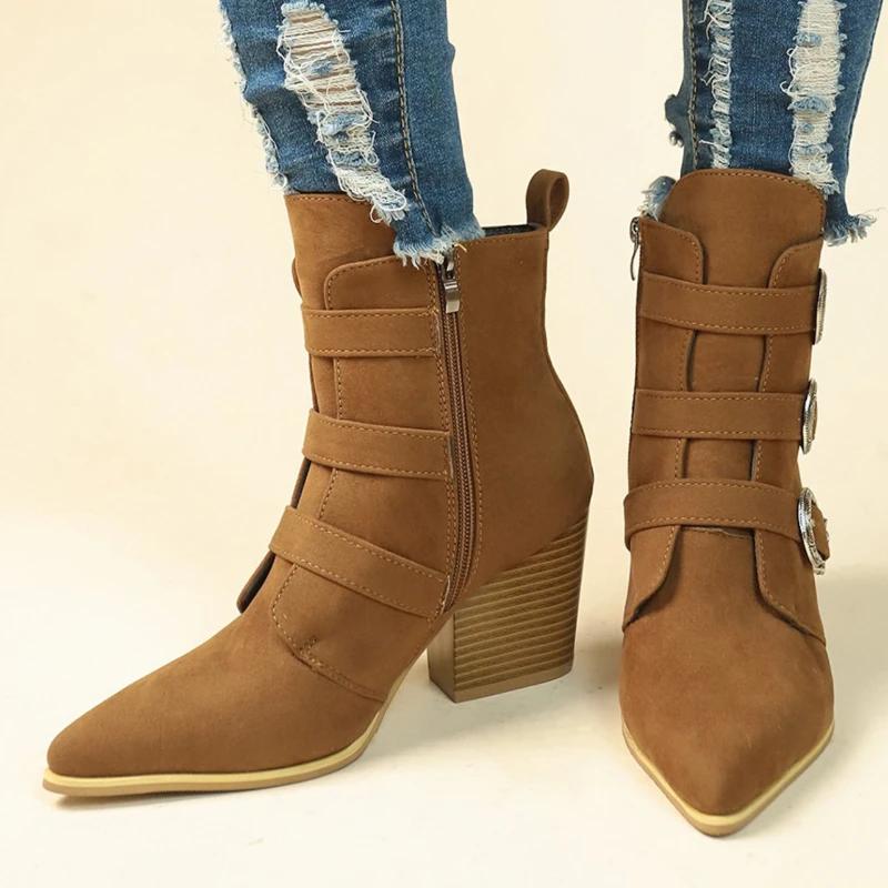 

Cow Suede Mid-Calf Modern Boots for Women Fashion Winter Slip-on High Heel Rubber Ladies Shoes Solid Pointed Toe Zipper Boots
