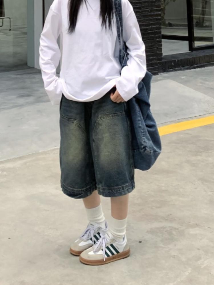 2000s Y2k Vintage Baggy Trousers Women Retro Wide Leg Jeans Pants Korean Streetwear Casual Oversize Washed Denim Shorts Summer