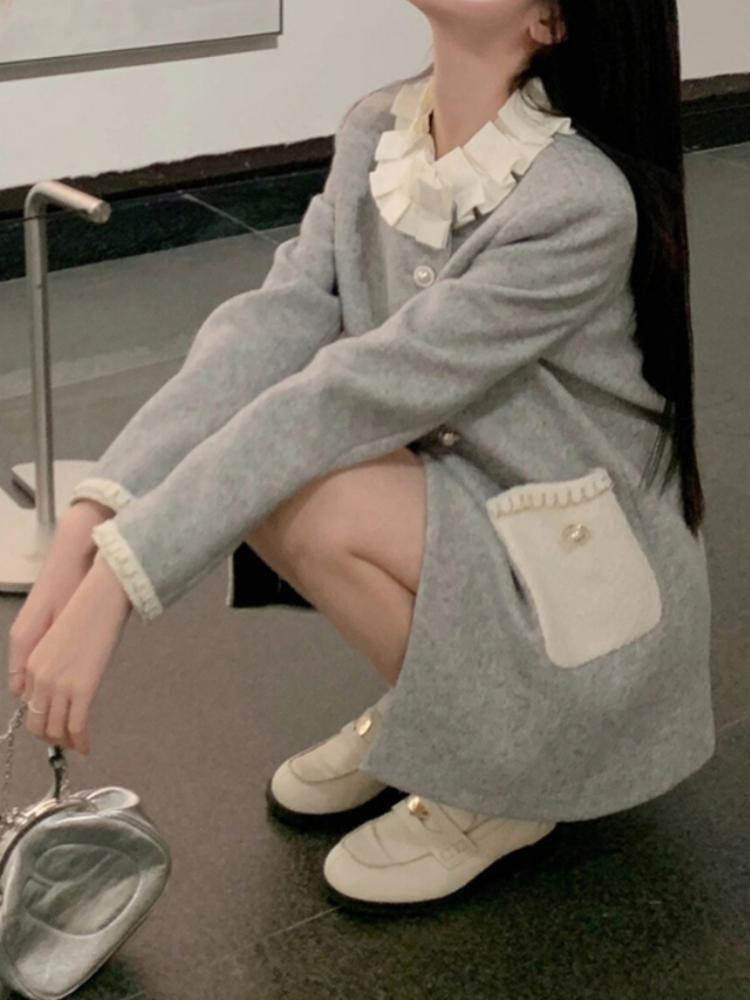 French Gray Elegnat Mid-length Warm Jacket Women's Autumn Winter Princess Sweet Clothes Thickened Design Causal Coat Party 2024