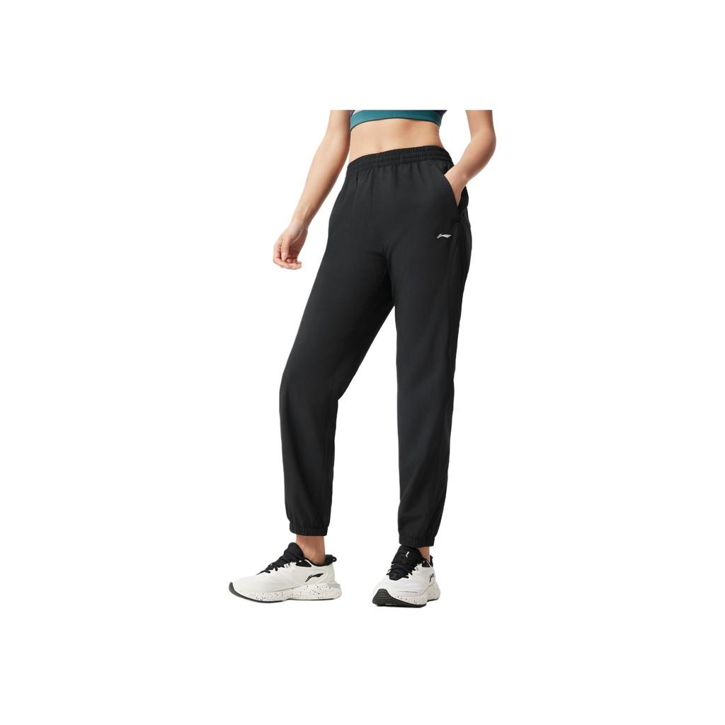 Li Ning Fitness Series Casual Simple Solid Color Comfortable Letter Mid Waist Tapered Knit Sports Pants Women pants Black AYKV090-1