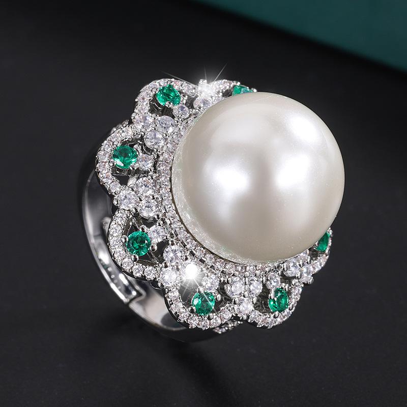 2026 new European and American retro inlaid Austrian fritillary pearl inlaid with diamonds flower women s ring 16mm