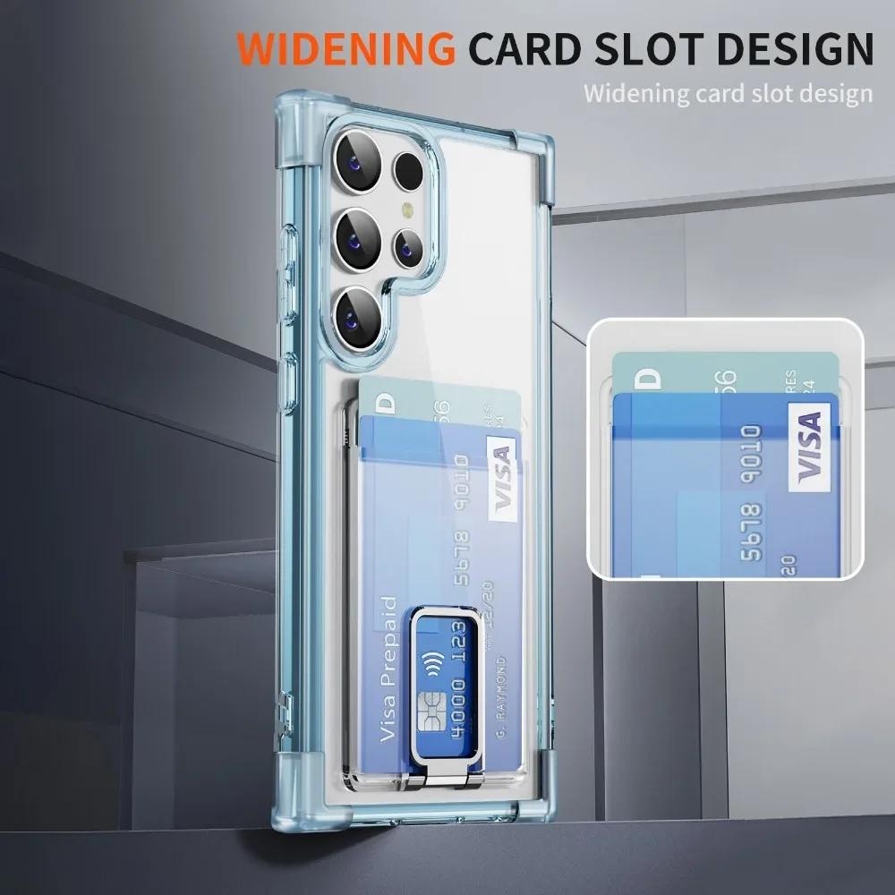 Shockproof Acrylic Card Holder Clear Phone Case for Samsung  S24 Ultra S23 Plus S22 S21Ultra Note 20 Metal Kicstand Bumper Cover