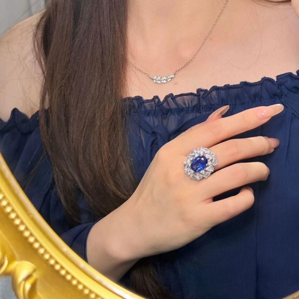 Classic  Sterling Silver Oval Cut Imitation Sapphire Zircon Ring for Women Flower  Wedding Engagement Gifts