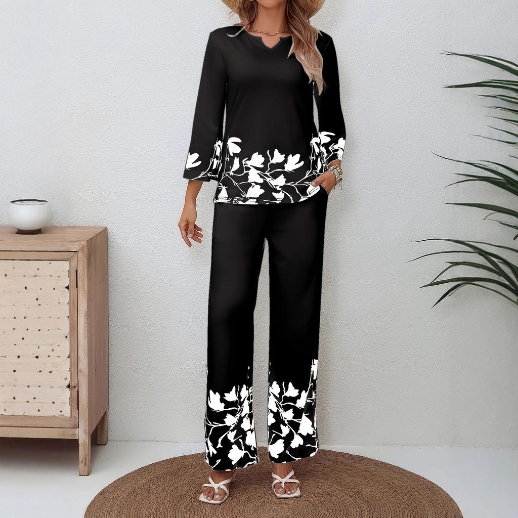 Women's Loose Fit Two-piece Outfit Set Three Quarter Sleeve Blouse High Waist Wide Leg Pants Floral Print Casual Lounge Matching Suit