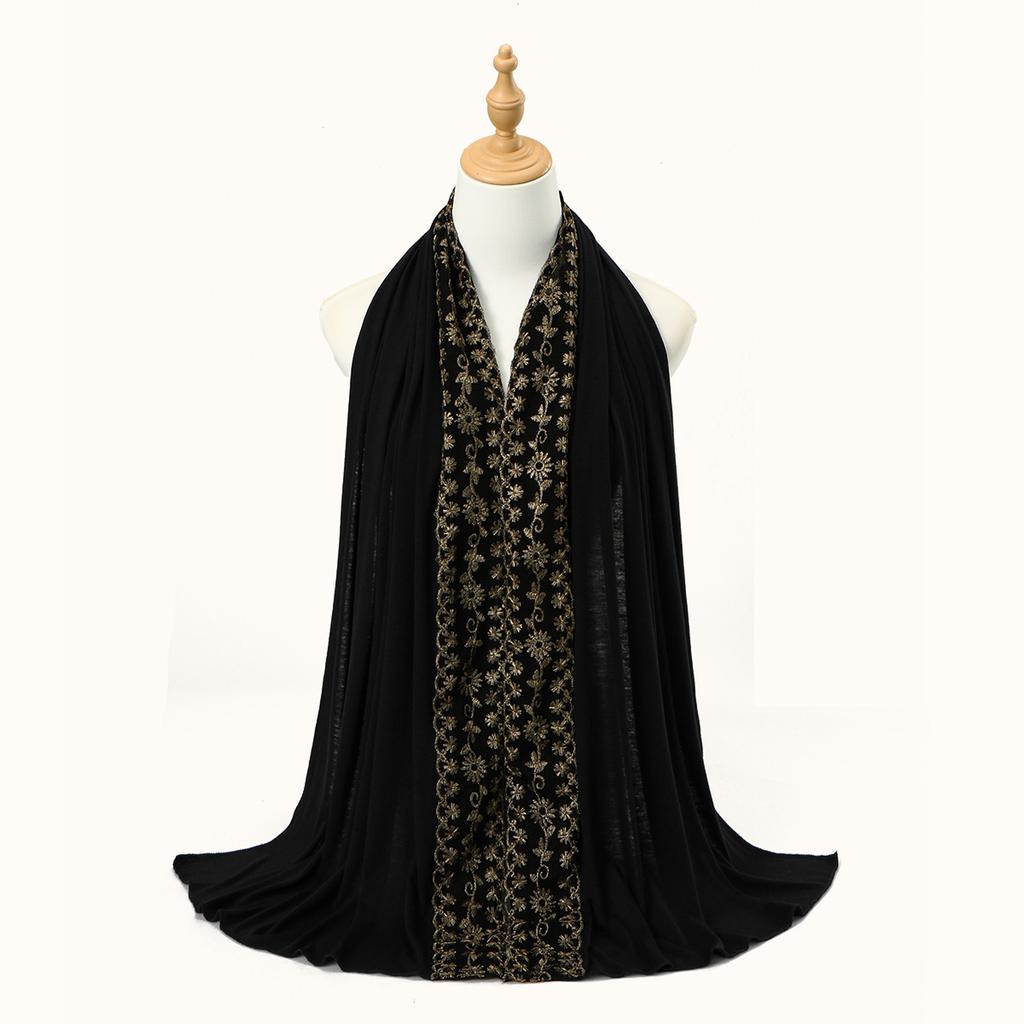 Premium Lace Jersey Hijab Scarf For Women Muslim Embroidered Flowers Hijabs Long Shawl Wraps Headband Scarves Muffler 170*60Cm