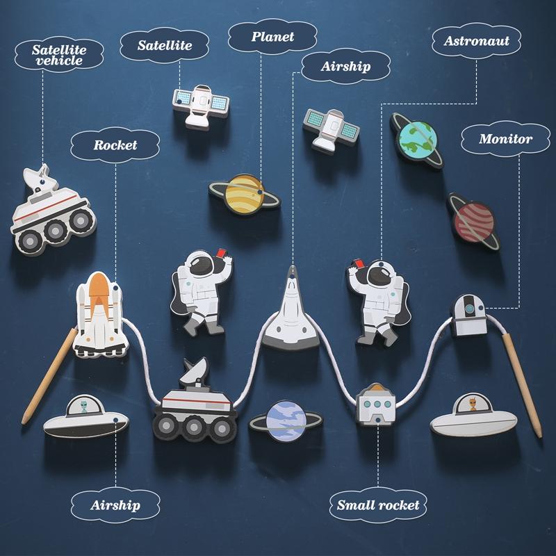 Children's Balance Ability Montessori Toy Wooden Astronaut Button Beaded Blocks Stacking Game Kids Educational Toy Gift with Box