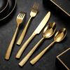Gold-Plated Hammer Pattern Cutlery Set - 5-Piece Square Handle Stainless Steel Knife, Fork & Spoon Set