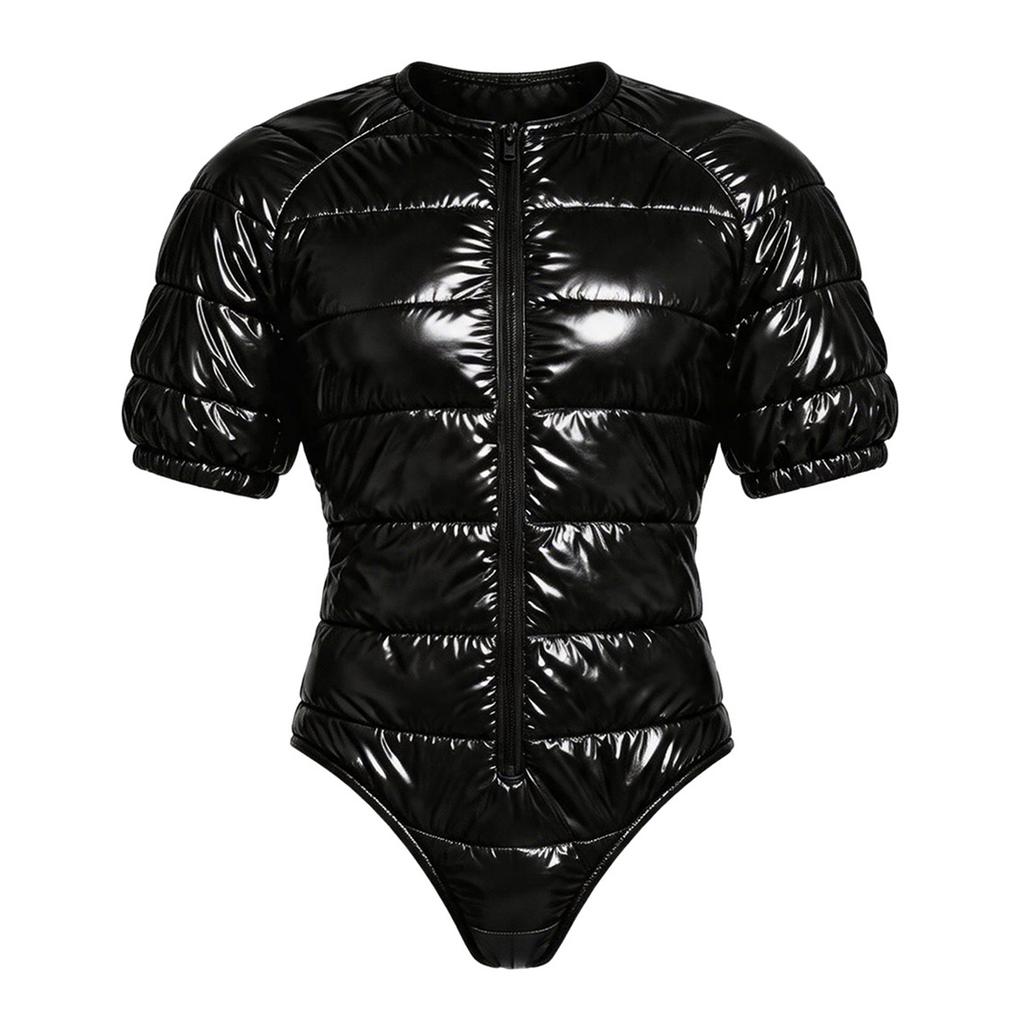 Mens Water Resistant Padded Short Sleeve Bodysuit Zipper Front Round Neck Leotard for Outdoor Sports Daily Casual Wear Travel