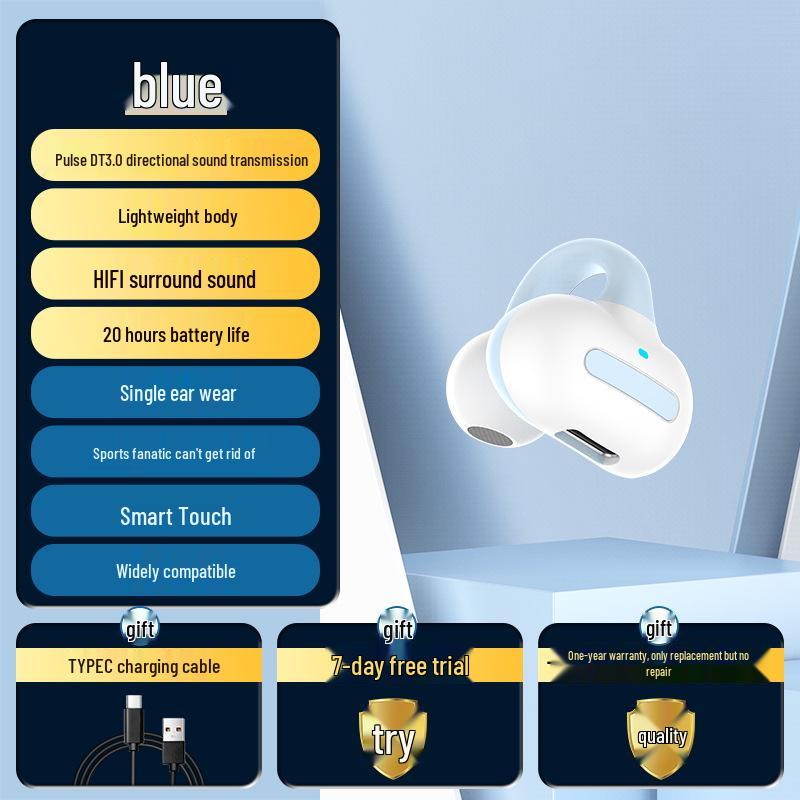 Wireless Bluetooth Earbuds, Non-In-Ear, Touch Control, Long Standby, Sport Ear Clip Style, Single Ear