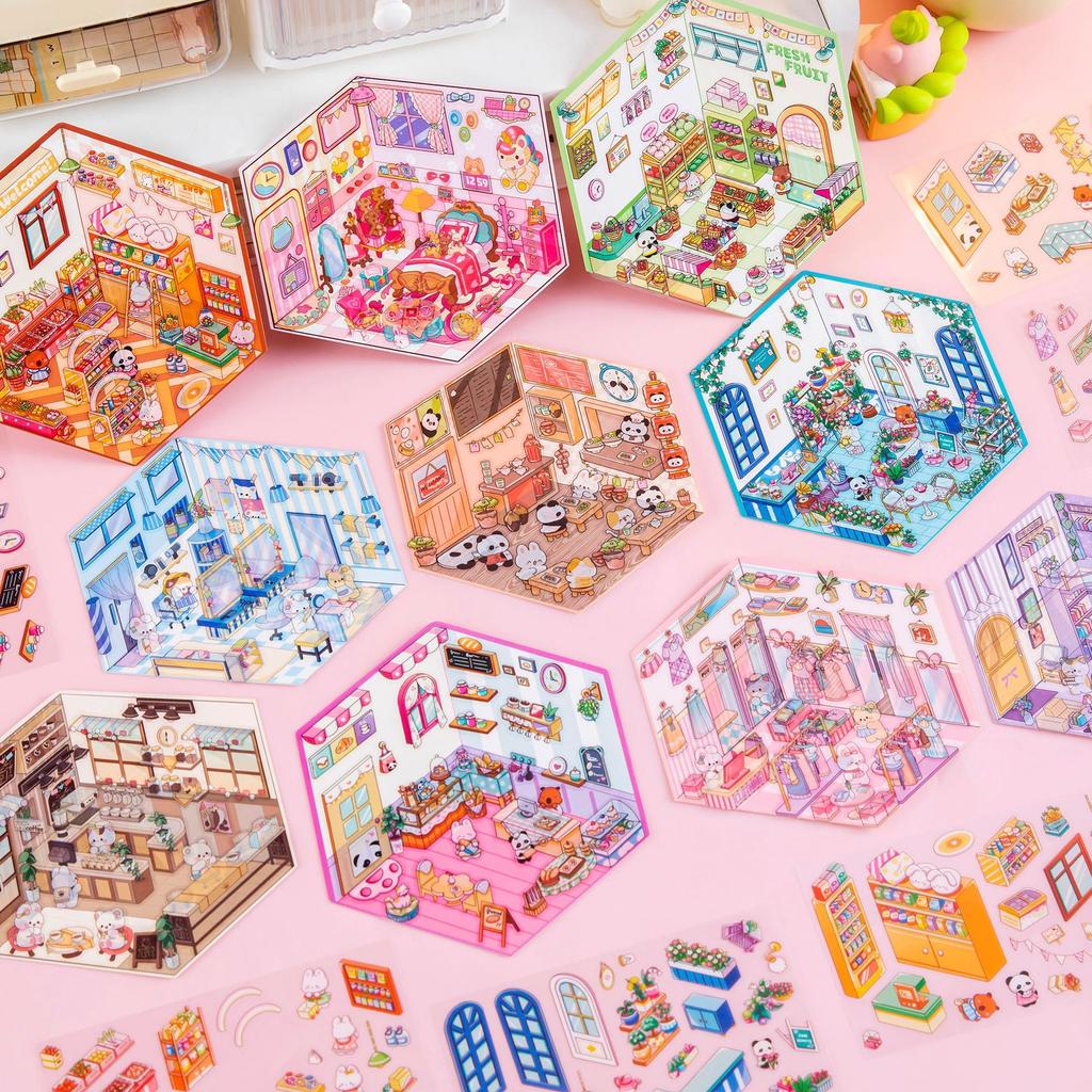 Miniature Scene 3D Diorama Stickers Creative Visual Stacking Cartoon Scene Sticker Diy Toys For Children Creative Handmade Decal