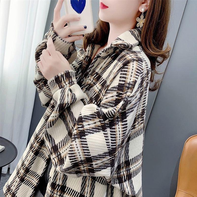 Женская клетчатая байковая куртка большого размера - Ретро свободного кроя для осени/зимы XL (110-125 jin)