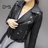 Women Jacket Faux Leather Smooth Surface Turn-down Collar Zip-up Zipper And Rivet Decor Long Sleeves Motorcycle Coat Travel Outerwear