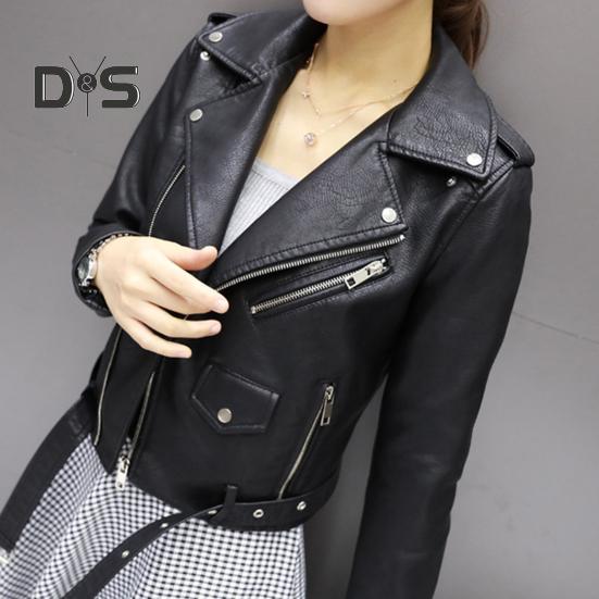 Women Jacket Faux Leather Smooth Surface Turn-down Collar Zip-up Zipper And Rivet Decor Long Sleeves Motorcycle Coat Travel Outerwear