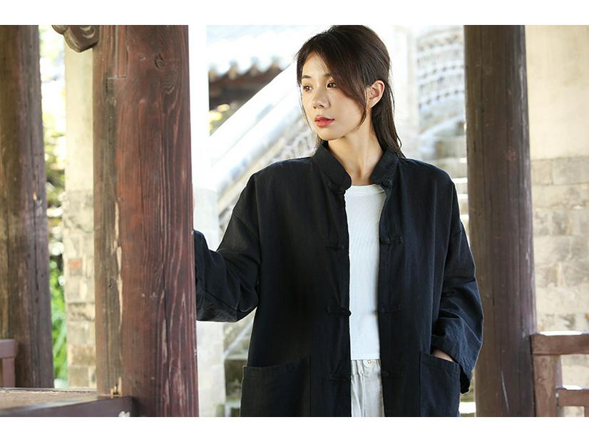 Cardigan de damă din amestec de bumbac și in de lungime medie - Retro spălat cu nisip