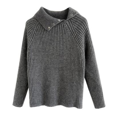 Gestricktes Basisshirt für Damen im Herbst und Winter Neuer lässiger, schlanker und vielseitiger Revers-Pullover für Damen Einfarbiges Oberteil
