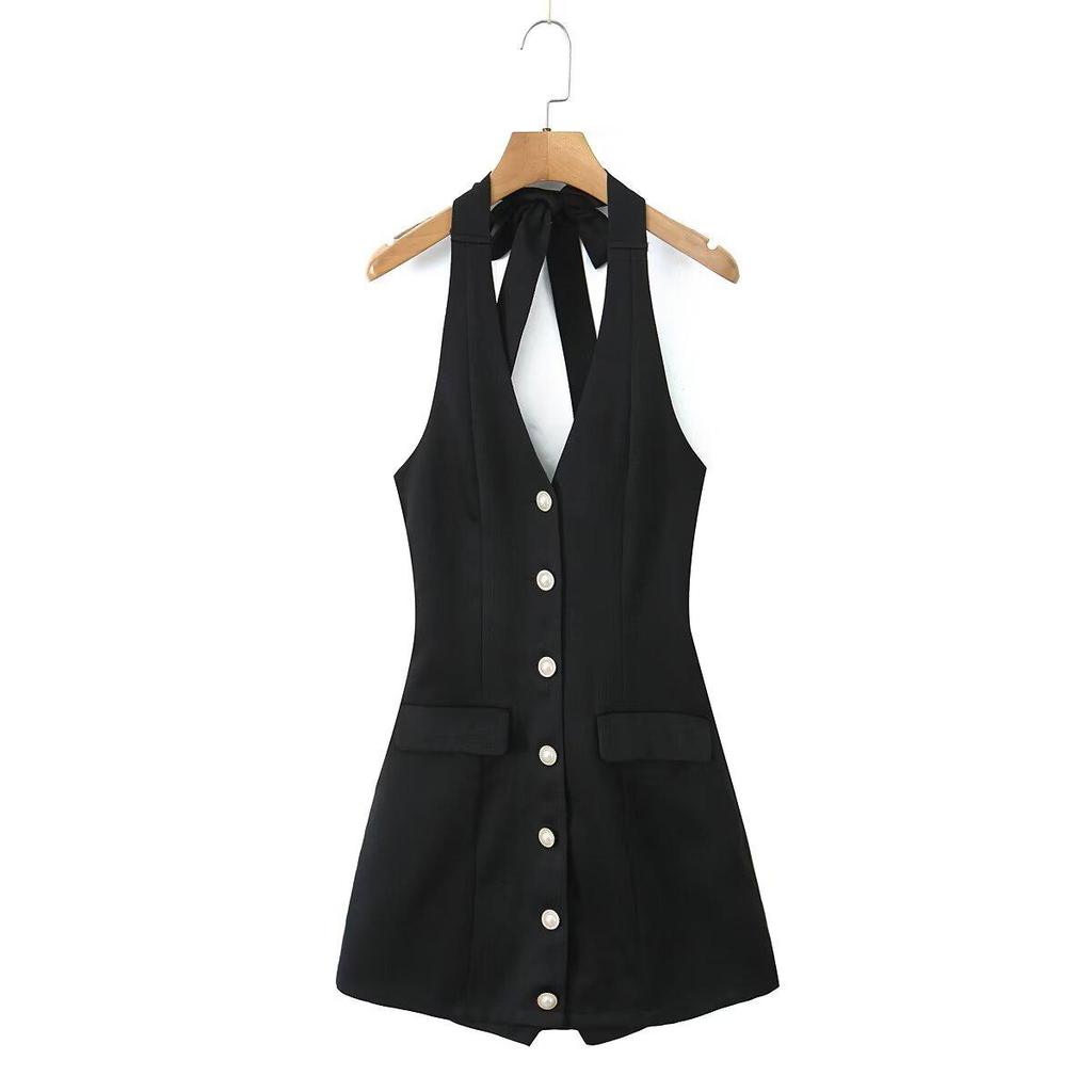 Spring 2025 Women's French Retro V-Neck Halter Dress