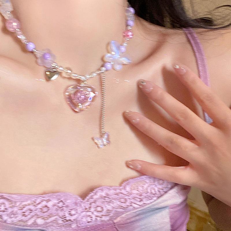 Y2K Heart Butterfly Přívěsek Choker náhrdelník Barevný korálkový řetízek klíční kosti pro ženy Dívka Punk Sladký estetický párty šperk
