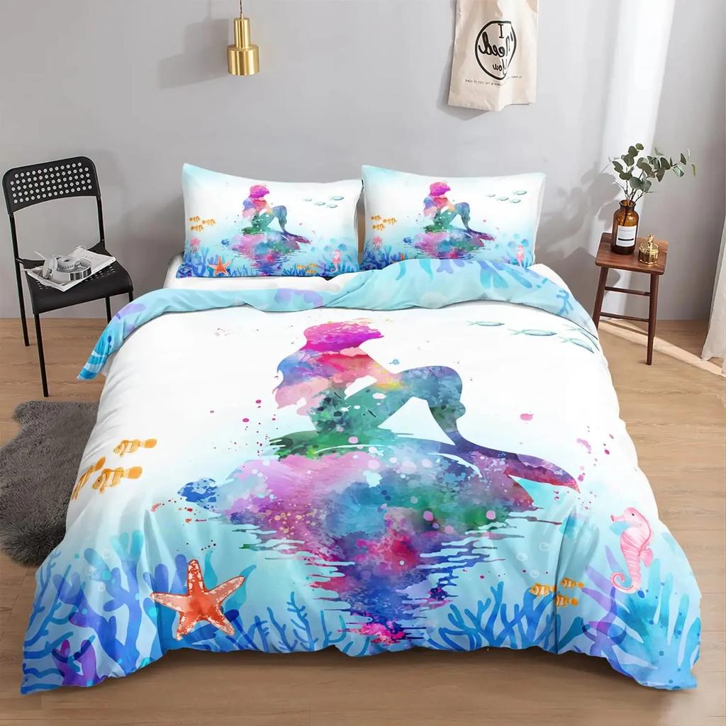 Mermaid Duvet Cover Set,Starfish Blue Undersea Style Dreaming Fairy Tale Bedding Set Girly Comforter Cover Bedroom Decor Gifts