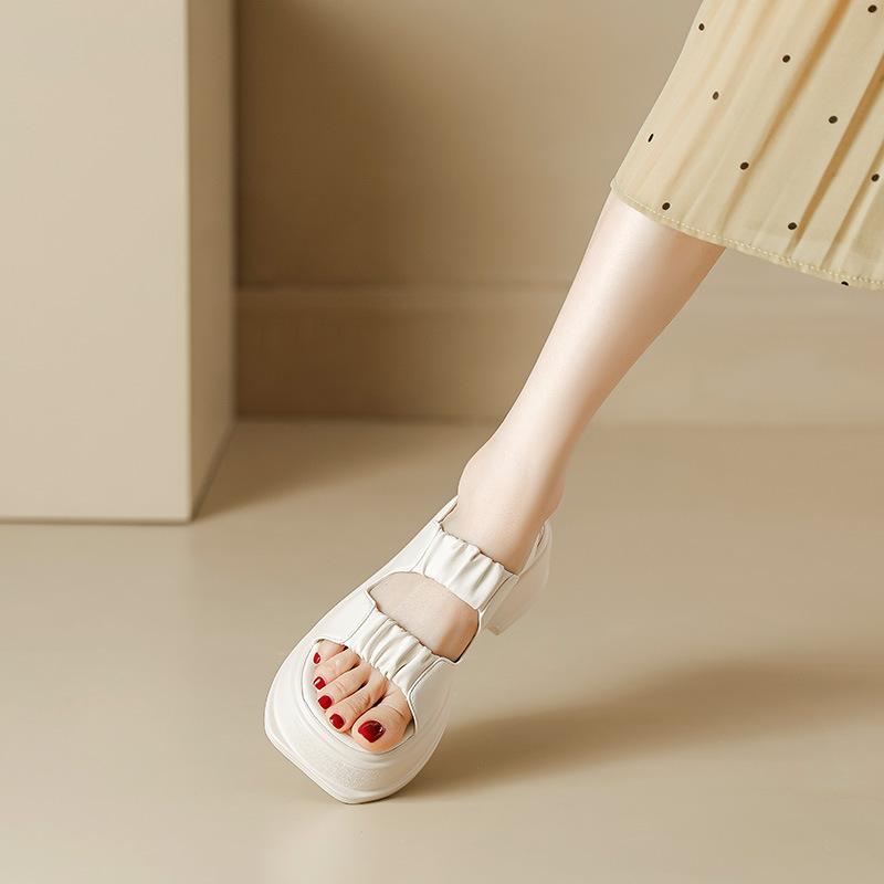 Thick-soled Heightening Sandals Women's Summer New Outdoor Beach Shoes White with Skirt One-word Belt Flat-soled Roman Shoes Women