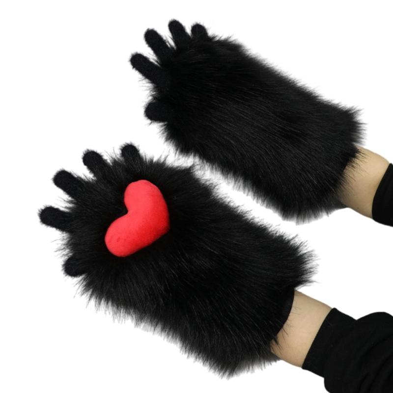 Plush Teens Cats Paw Glove Halloween Party Mitten Teenager Half Finger Glove