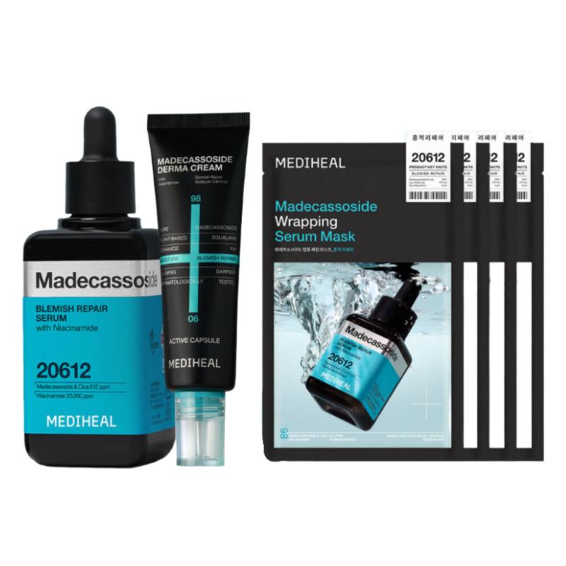 MEDIHEAL Madecassoside Blemish Repair Derma Cream 50ml + Serum 100ml + Mask Pack (4 Sheets) Set