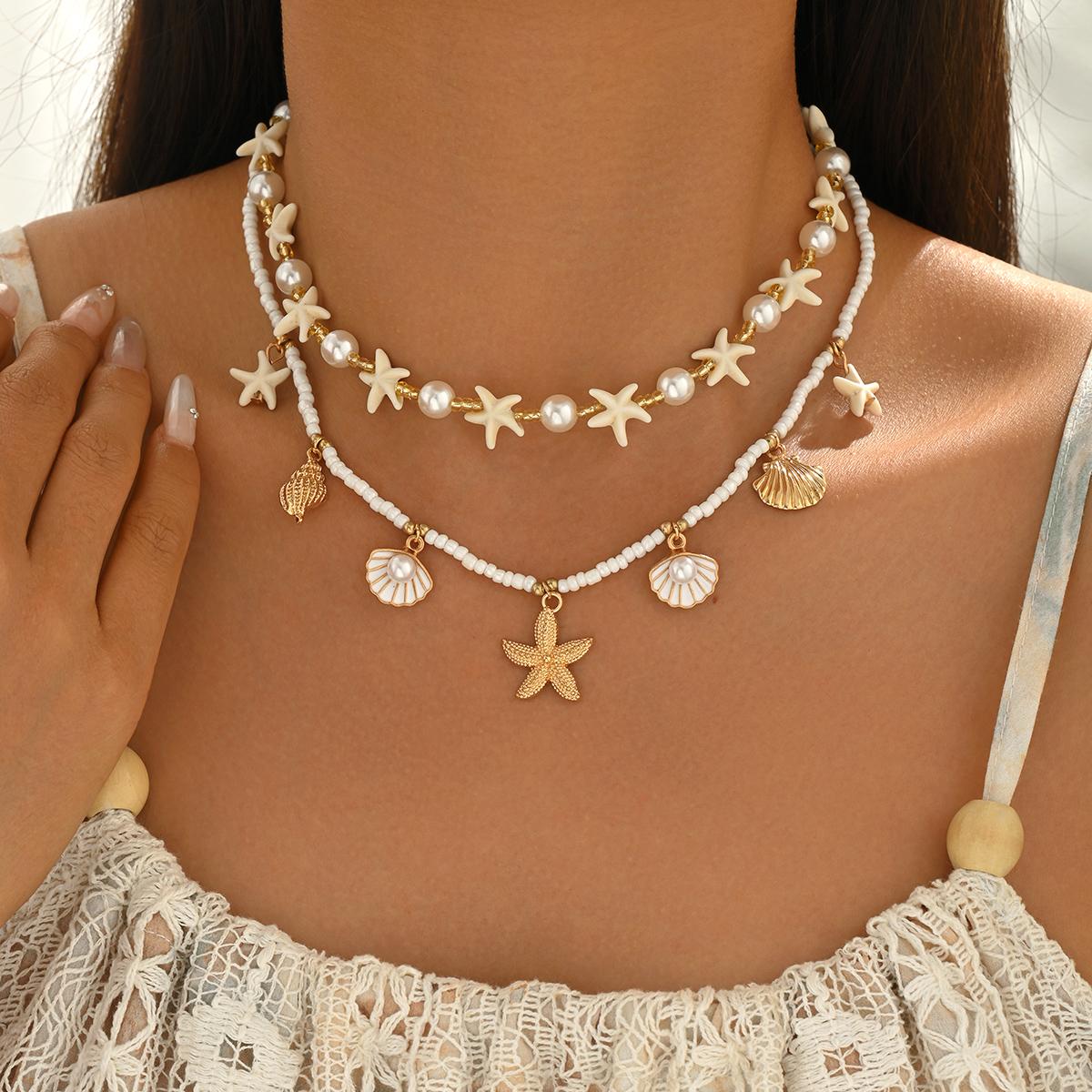 2 Piece Layered Starfish Shell Necklace Glass Pearl Beaded Boho Beach Summer Trendy Jewelry for Women