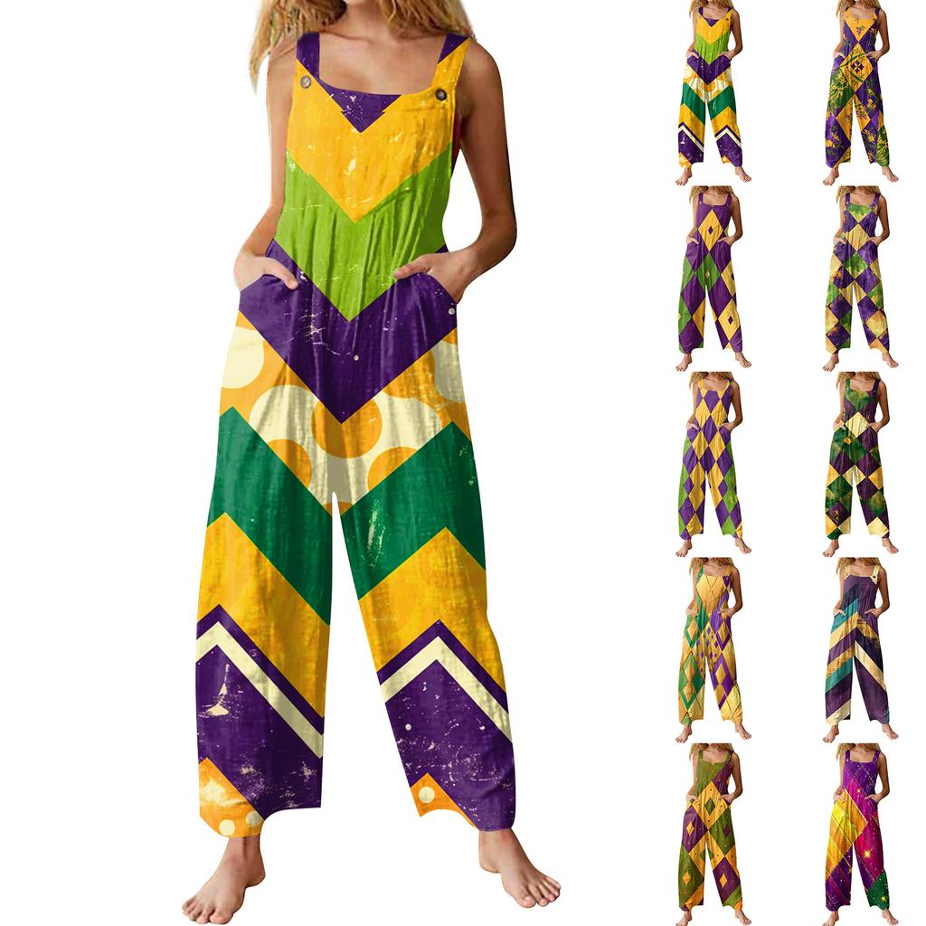 Womens Casual Overalls Jumpsuits Adjustable Straps Sleeveless Carnival Print Comfy Rompers With Pocket