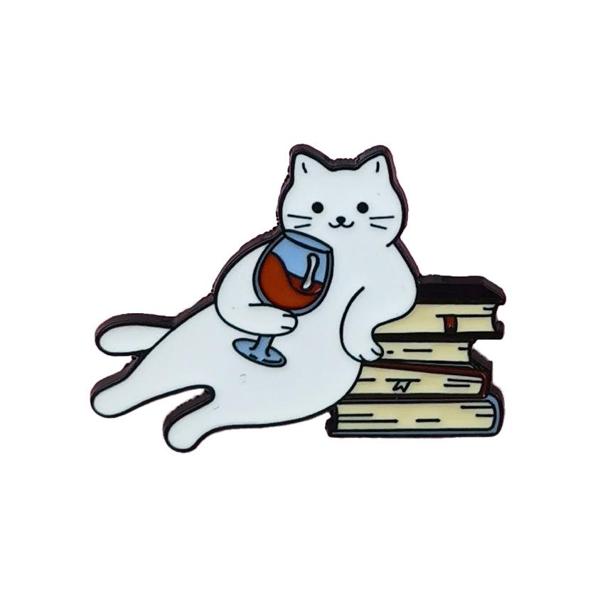 Adorable White Cat Drinking Alcohol Brooch - Cartoon Badge for Backpacks and Accessories