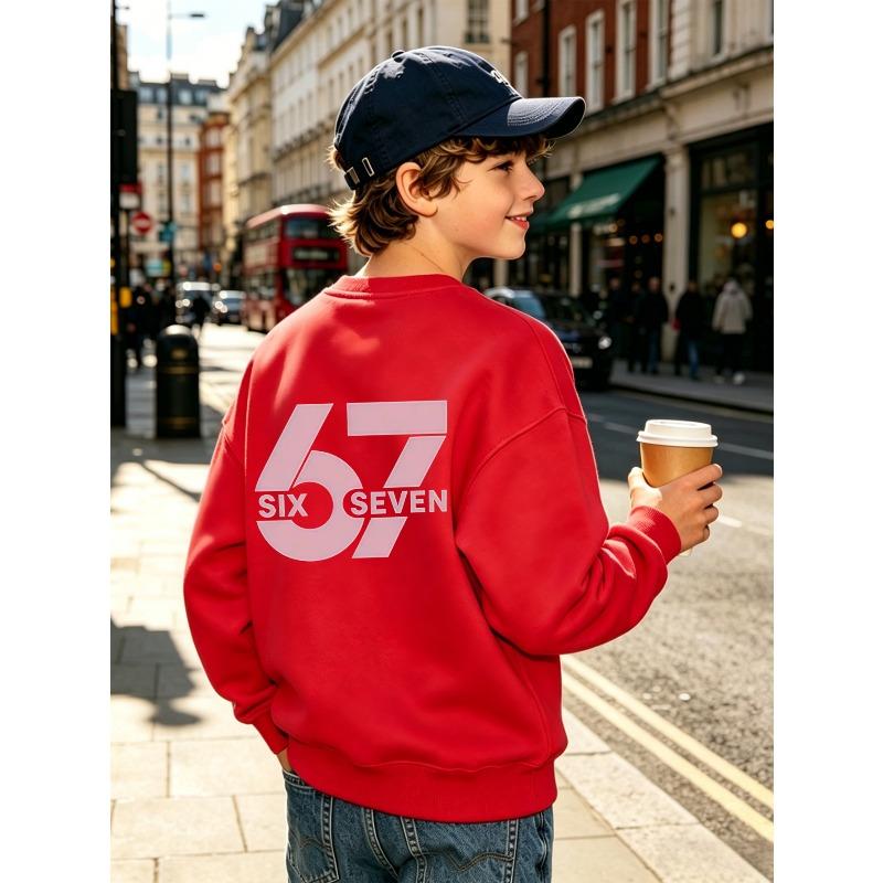 Kids Unisex Crewneck Sweatshirt, Back Print Large Pink Number 67 SIX SEVEN Long Sleeve Pullover, Boys Girls Daily Sweatshirt For Kids Over 4 Years Old