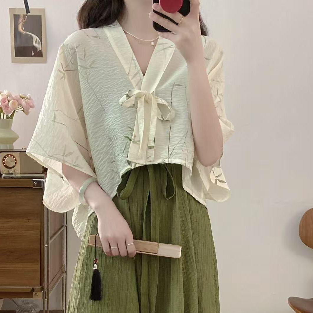 

Plus Size New Chinese Style Hanfu Dress: Knee-Length Slimming Fairy Dress with Cardigan Two-Piece Set M