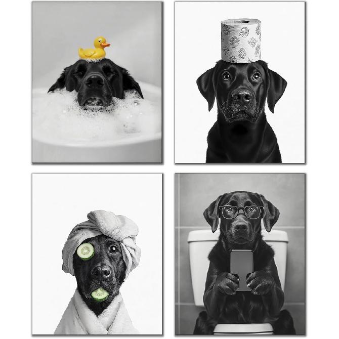 DOFQZ Funny Black Cat Bathroom Wall Art Prints Set of 4, Cat Bathroom Decor, Retro Japanese Black Kitten Floral Aesthetic Posters for Bath Room