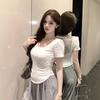 White Backless Mesh Stitching Front Shoulder Short-sleeved T-shirt Women's Summer Design Sense Slim Fit Unique Super Good-looking Small Top
