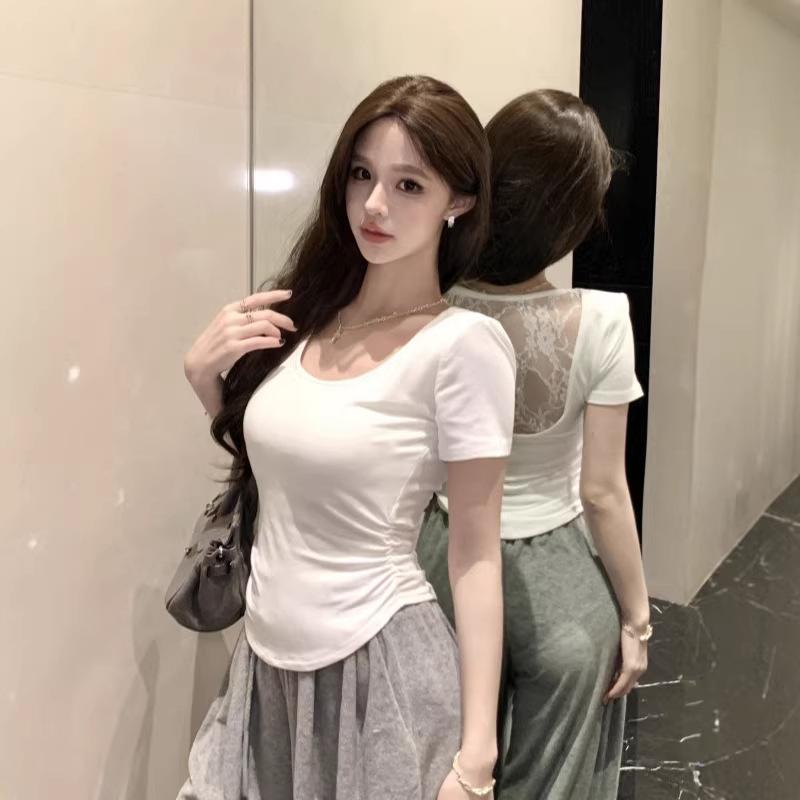 White Backless Mesh Stitching Front Shoulder Short-sleeved T-shirt Women's Summer Design Sense Slim Fit Unique Super Good-looking Small Top
