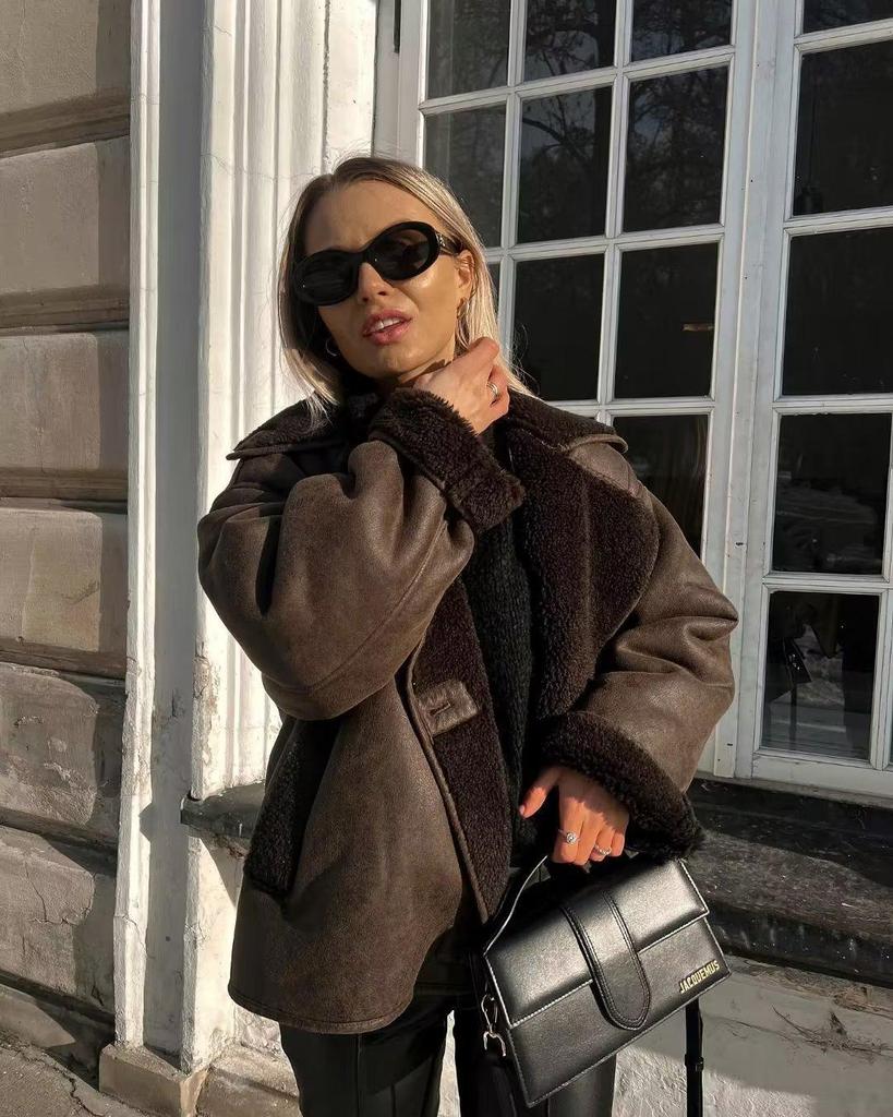 2023 Plus Size Shearling Lapel Jacket for Women - European & American Style Autumn/Winter Fashion