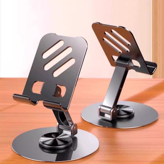 Metal Phone Stand, Foldable 720-degree Rotating Desktop Tablet Holder, Heavy Duty Universal Cradle with Charging Port