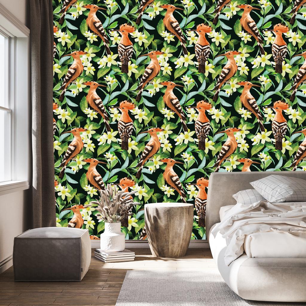 Hoopoes Among Flowers Wallpaper for Living Room and Bedroom 50x1000