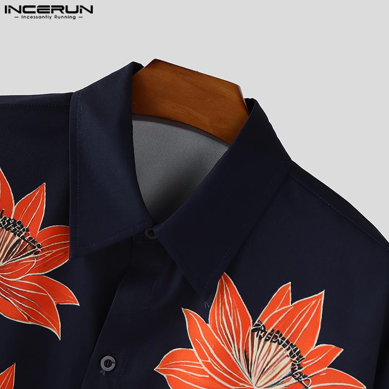 INCERUN Oversized Men Lapel 3/4 Sleeve Floral Print Casual Loose Shirts Tops