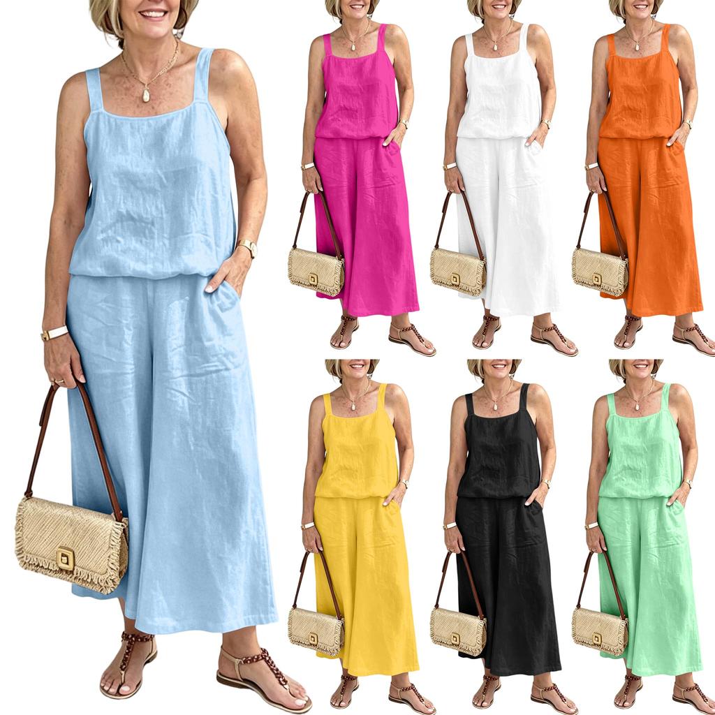 Women Linen Two Piece Set Sleeveless Tank Top Wide Leg Pants Casual Summer Outfit Lightweight Breathable Fabric