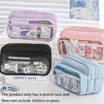 Solid Color Pencil Case Korean Transparent Pen Pouch Large Capacity Stationery Organizer Bag School Supplies