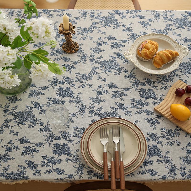 Light Luxury Ins Wind Small Fresh Cotton And Linen Blue Small Floral Tablecloth Rectangular Dining Table Cloth Picnic Cloth Tablecloth