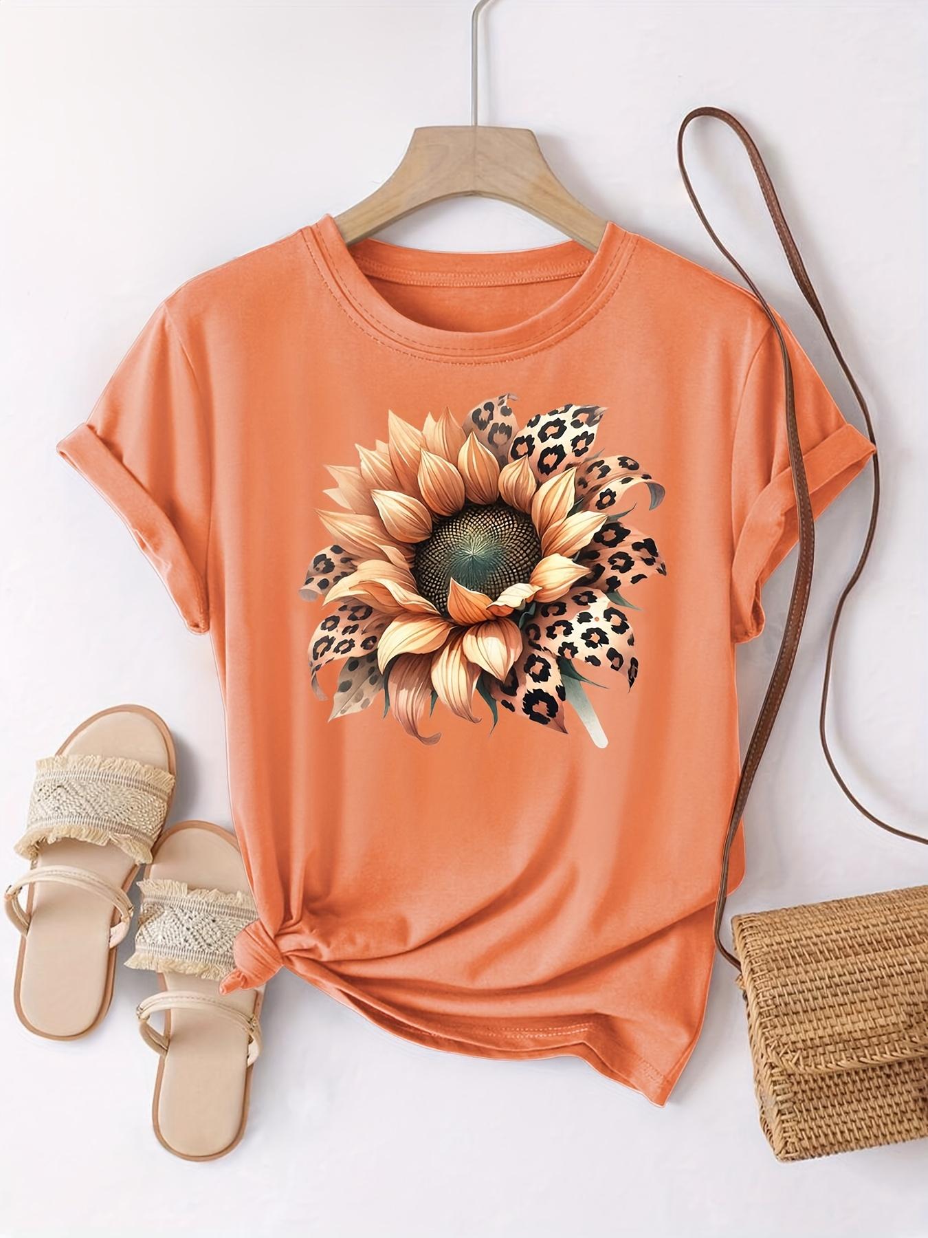 Women s Leopard ; Sunflower Print Tee - Bold Botanic Animal Graphic Round Neck Top S дубильная кора