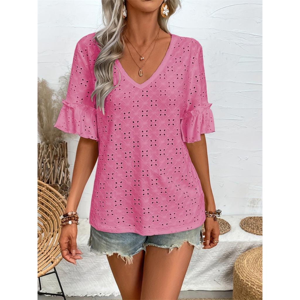 Women's Knit Embroidery Hollow Ruffle V-Neck Short Sleeve Top Women T-Shirt Women